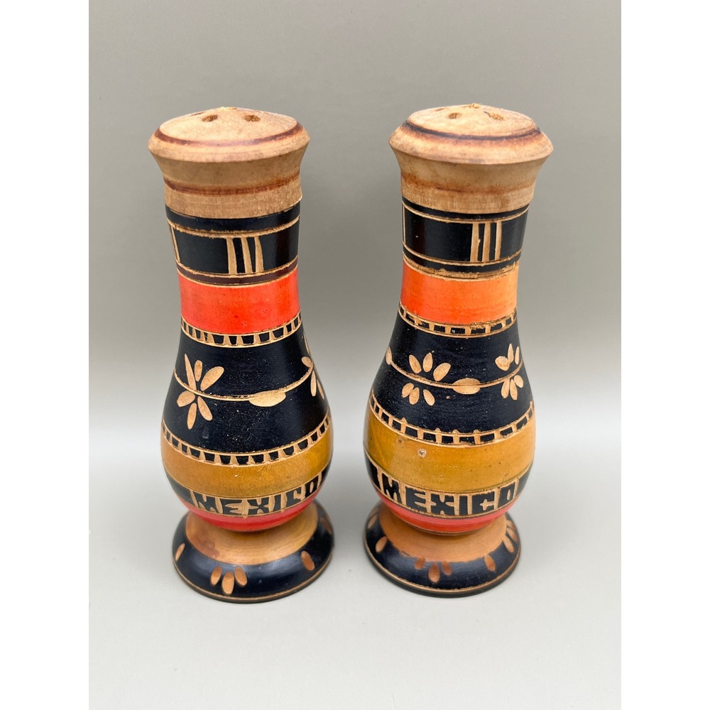 Wooden Hand Carved Mexico Salt Pepper Shakers Souvenir Vtg Folk Art 3.5"
